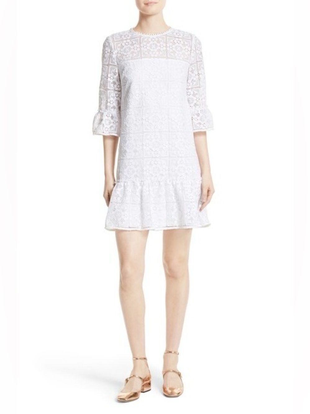 kate spade White Crochet Lace Shift Dress with Ruffle Hem
